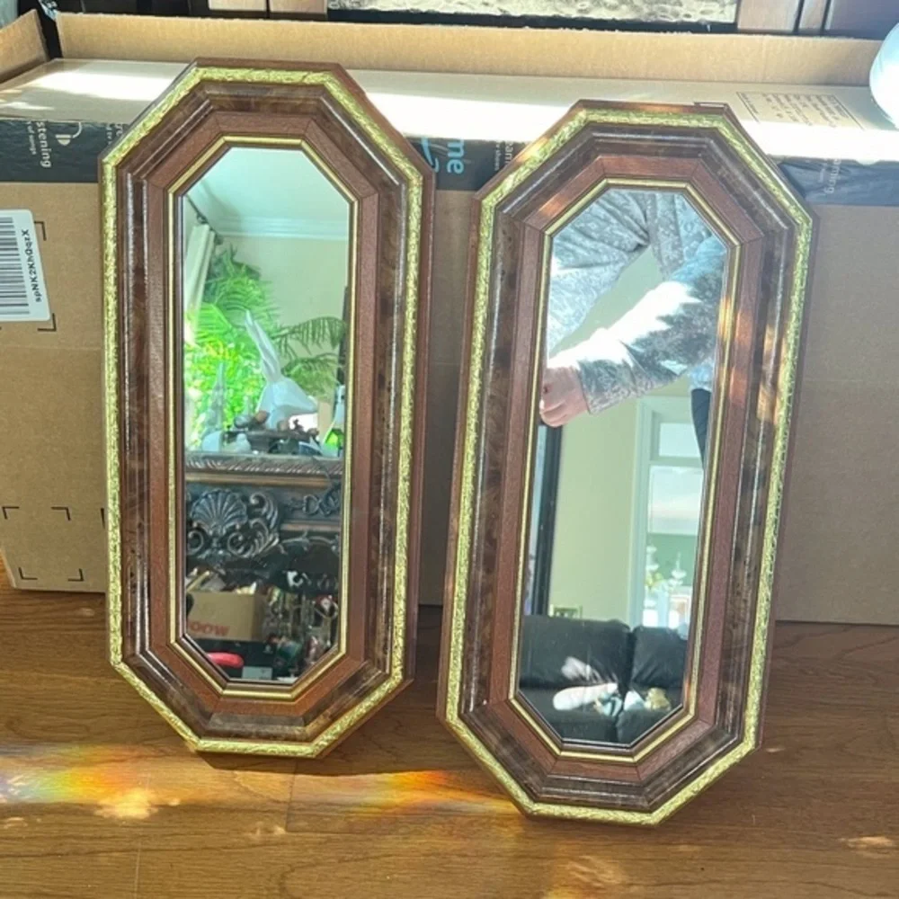 Vintage Octagon Mirror Wood with Gold Trim 18-1/2” X 8-1/2” Set Of 2